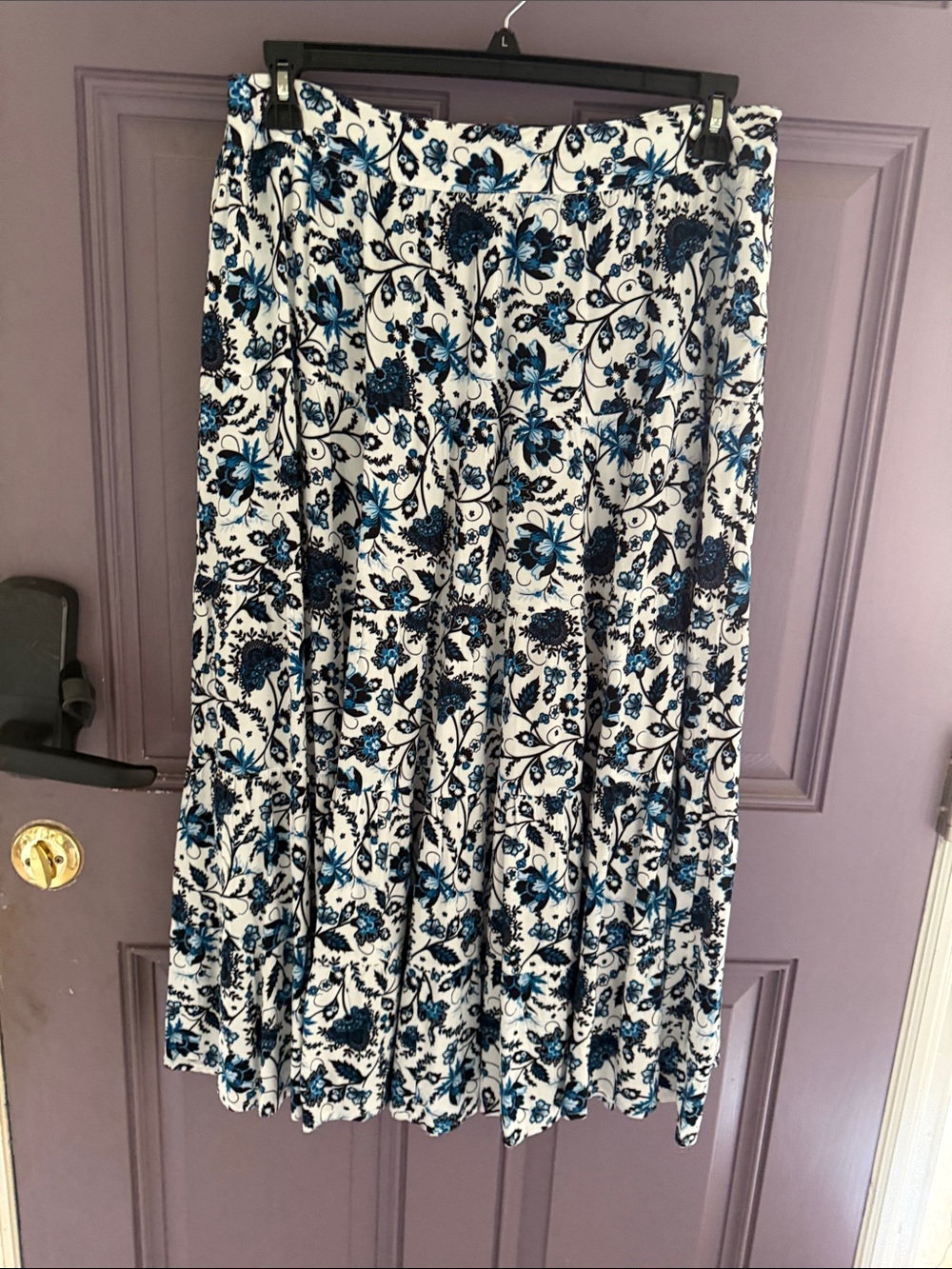 Soft Surroundings White Midi Skirt with Blue Floral Print